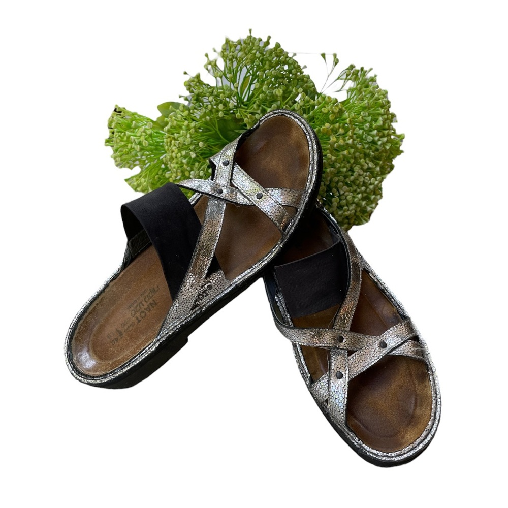★ NAOT Metallic Pewter Leather Sandals, slip-on, open toe, women’s EU 40 ★